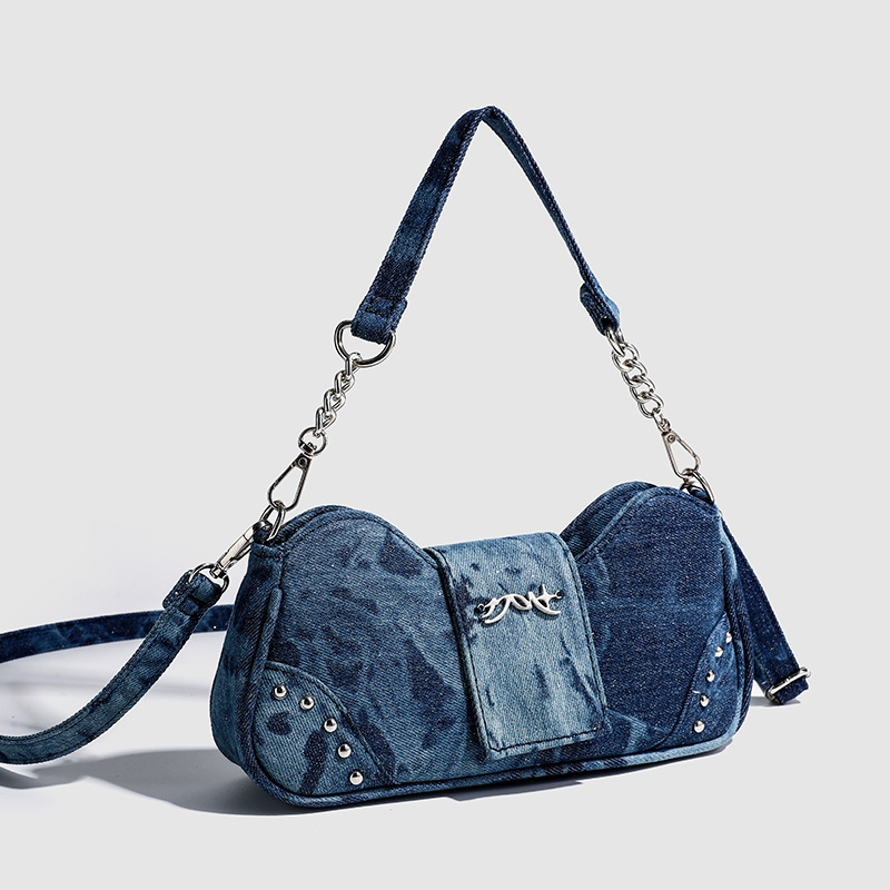Daily pairing with denim bags new trendy and trendy niche design tie dye and glitter powder detachable design high-end bow and stick bag for women