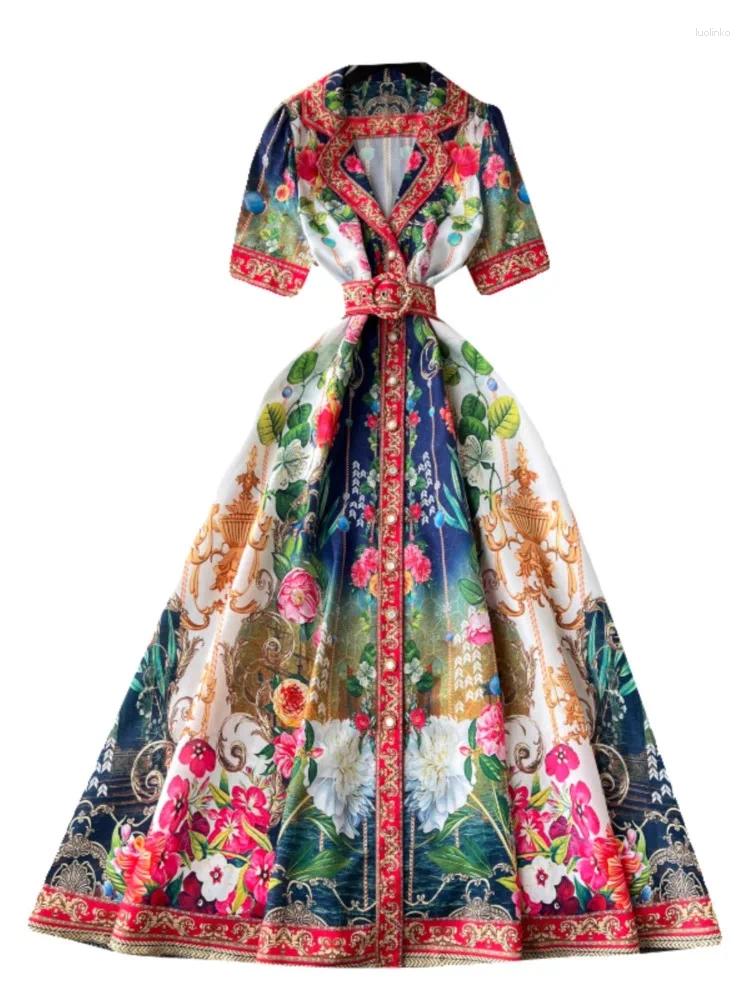 Party Dresses Harajpee 2024 Summer Women Shirt Collar Single Breasted Waist Wrapped Large Hem Printed French Elegant Dress Vestido