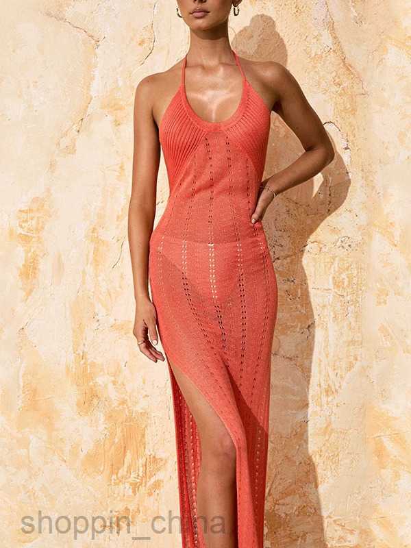 Basic Casual Women Dresses New Vacation Beach Skirt Women's Sexy Hanging Neck Hanging Strap Split Knitted Dress Bikini Cover up Skirt Women