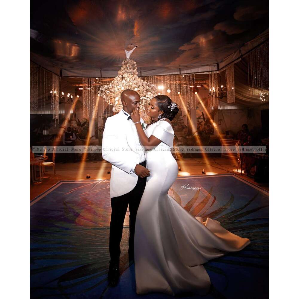 Clean White Mermaid Wedding Dresses for Bride Sheer Neck Sweep Train Pearls Beading Satin Africa Garden Beach Bridal Gowns