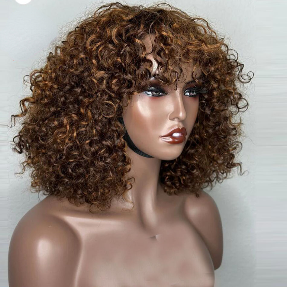 Free shipping 200density Mogolian Highlight blonde Color Short with Bangs for Black Women Kinky Curly Hair Wig Afro No Synthetic Full Lace Wigs Preplu