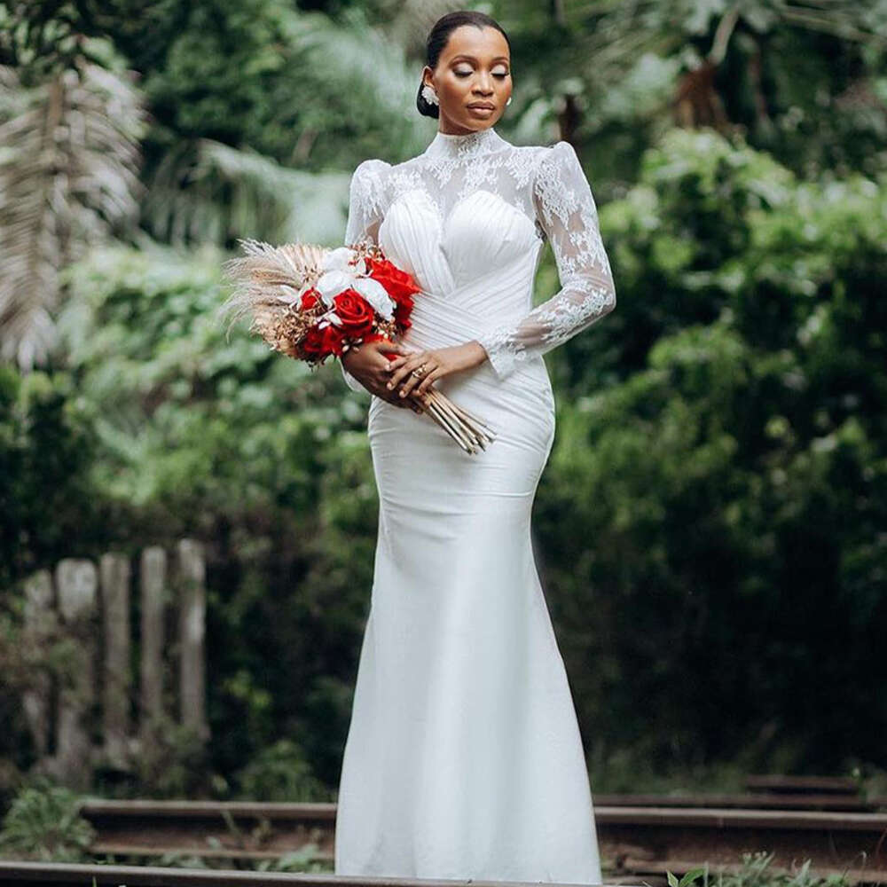 Africa Mermaid special Dresses for Bride 2024 High Neck Long Puff Sleeve Sweep Train Lace Pleats Garden Beach Bridal Gowns
