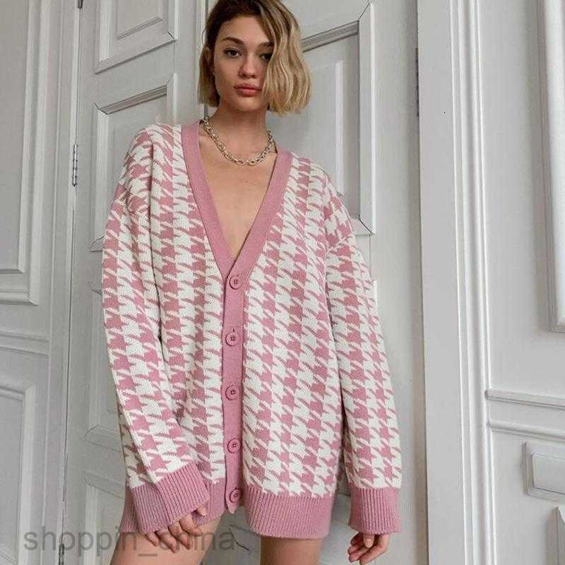 Women's Sweaters Autumn/Winter New Loose Bird Checker Long sleeved Single breasted Contrast Sweater Cardigan Coat for Women