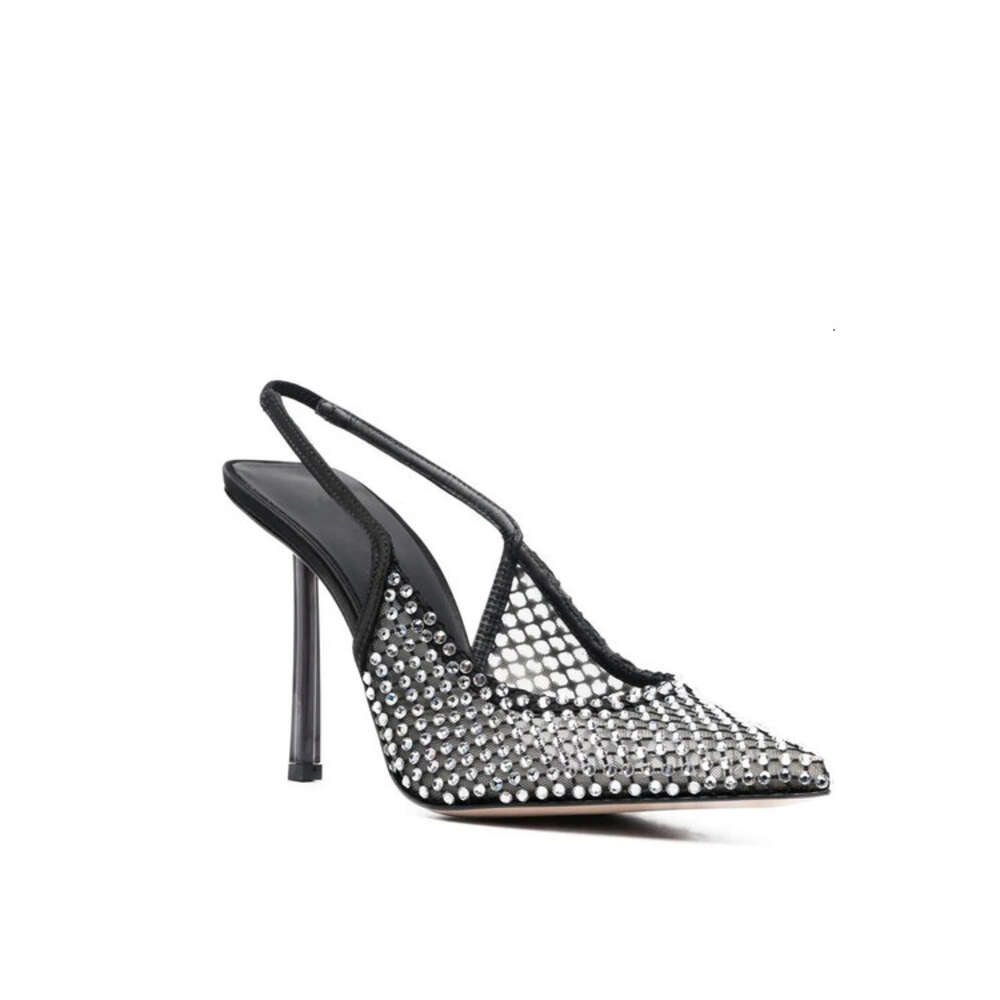 2024Women's Summer New Water Diamond Mesh Transparent High Sandals Pointed Head Large Size Thin Heel Shoes Women's