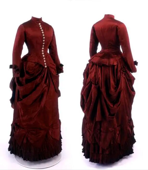 1880s Victorian burgundy Bustle Evening Dresses Steampunk Gothic Ball Gown Bustle Medieval Lady Walking prom Dress outfit