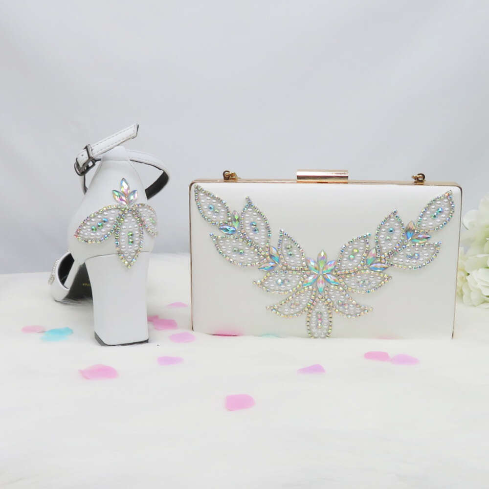 Baoyafang White Beads Pearl Wedding Bride Pointed Toe Square Thick High Heel Party Dress Shoes And Bag Set Ankle Strap