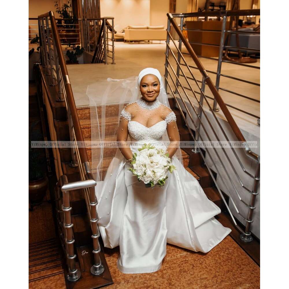 Aso Ebi Mermaid Wedding Dresses with Detachable Train High Neck Long Sleeves See Through Beading Africa Chapel Bridal Gowns