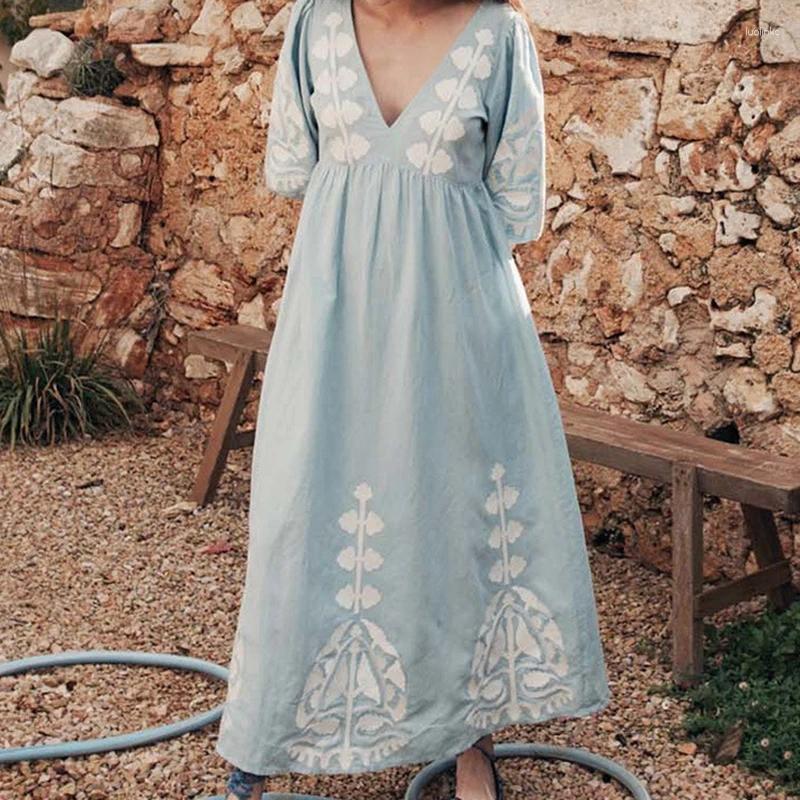 Party Dresses Sexy Deep V-neck Hollow Long Dress Women Spring Print High Waist A-Line Boho Summer Backless Lace-up Tassels