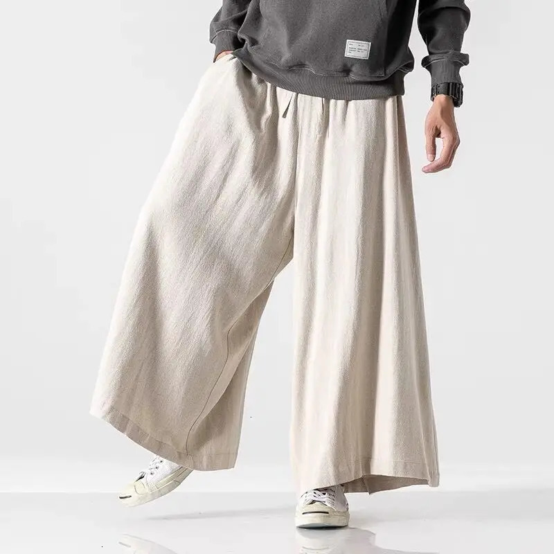 100% Linen Japanese Style Pants Men Spring Autumn Dark Yamamoto Style Trousers Loose Straight Wide Leg 90s Baggy Plain Patalon 240513