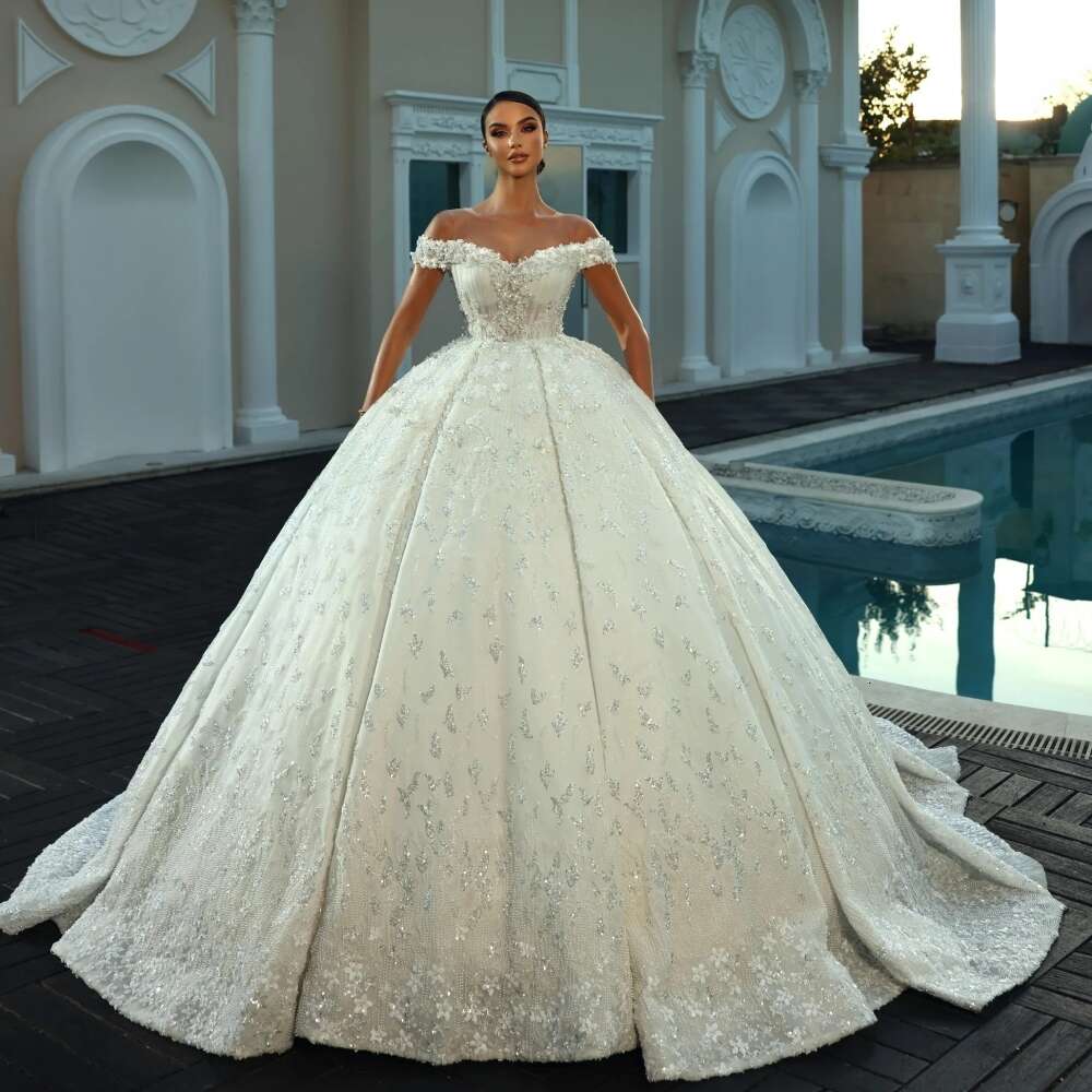 Elegant Off The Shoulder Dress Sparkly Sequins Beads Wedding Ball Gown Long Bride Robe Vestido De Novia