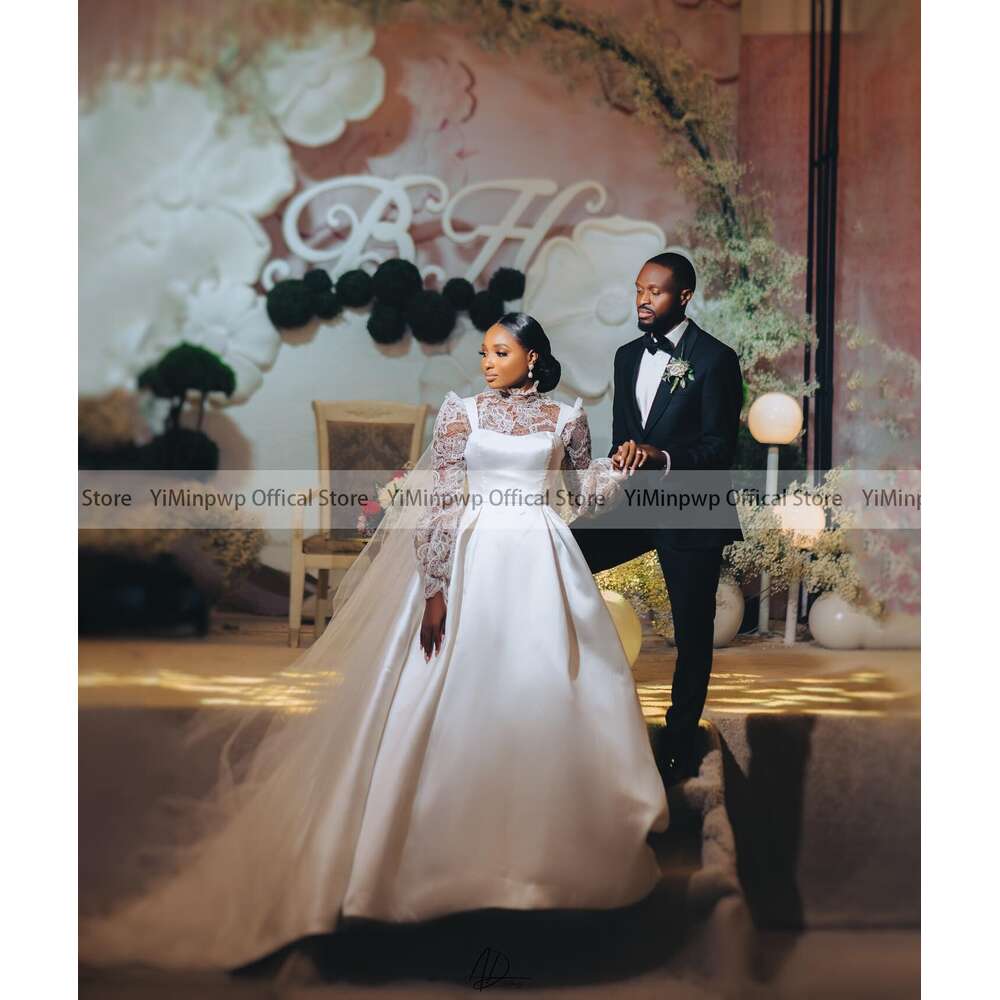 Sweet Wedding Dresses for Dark Skin Bride High Collar Long Sleeve Satin Lace Africa Garden Chruch Bridal Gowns robes de mariee
