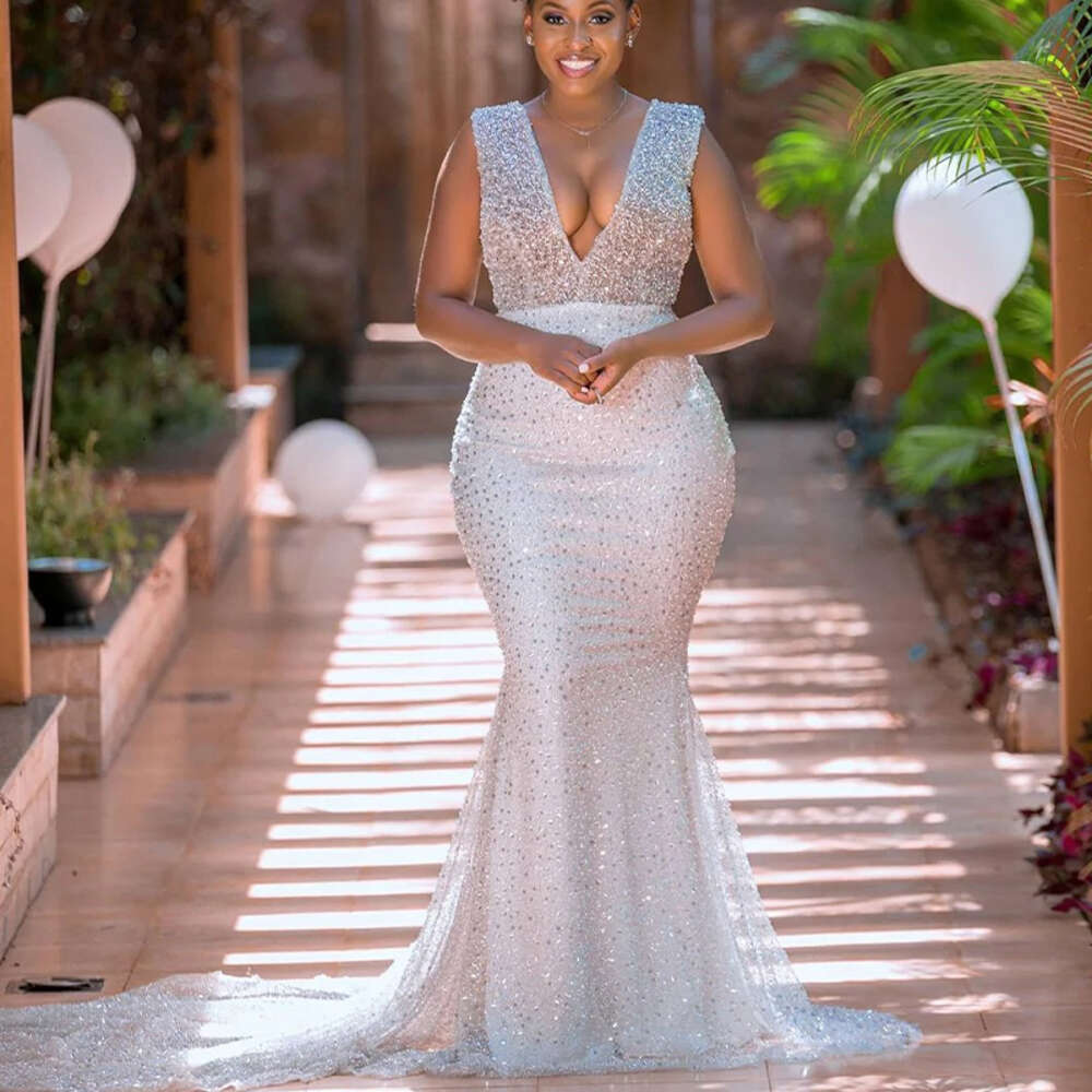 Mermaid Boho Dresses V Neck Backless Sweep Train Pearls Sequin Bridal Gowns After Special Reception Dress For Bride