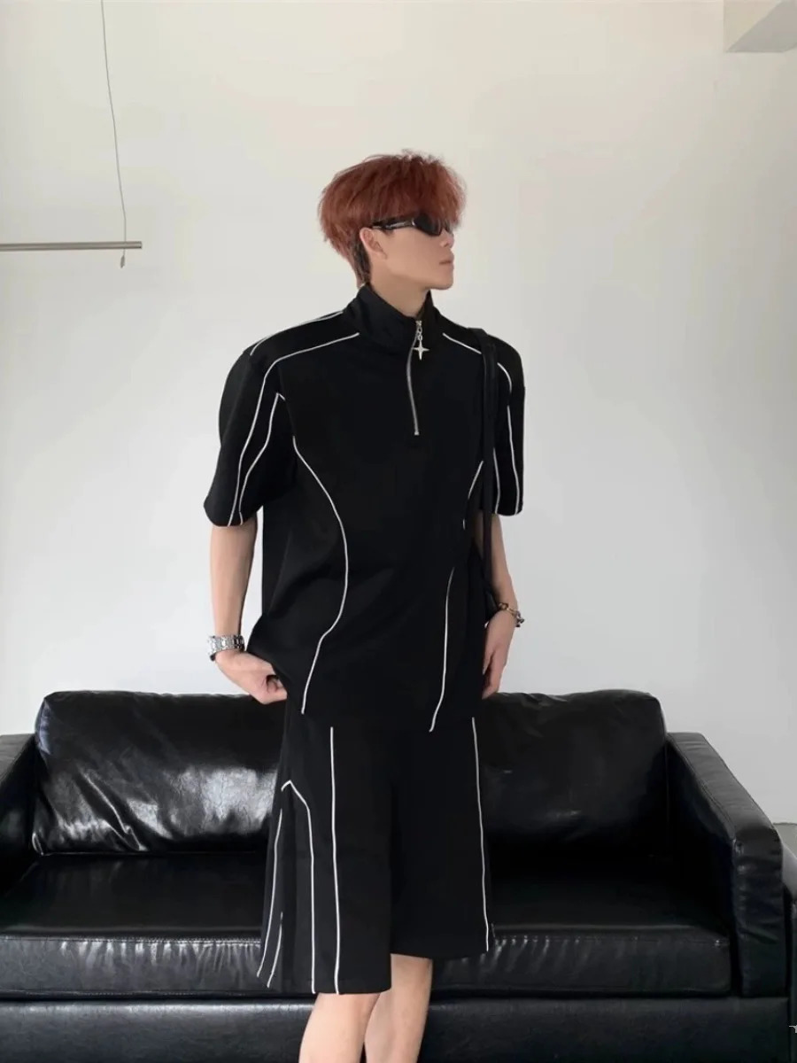 Chic Ins Men Summer Breathable Pajamas Sets Male Zipper Striped Tops Knee Length Shorts Casual Party Club Streetwear Trendy Y2k 240513