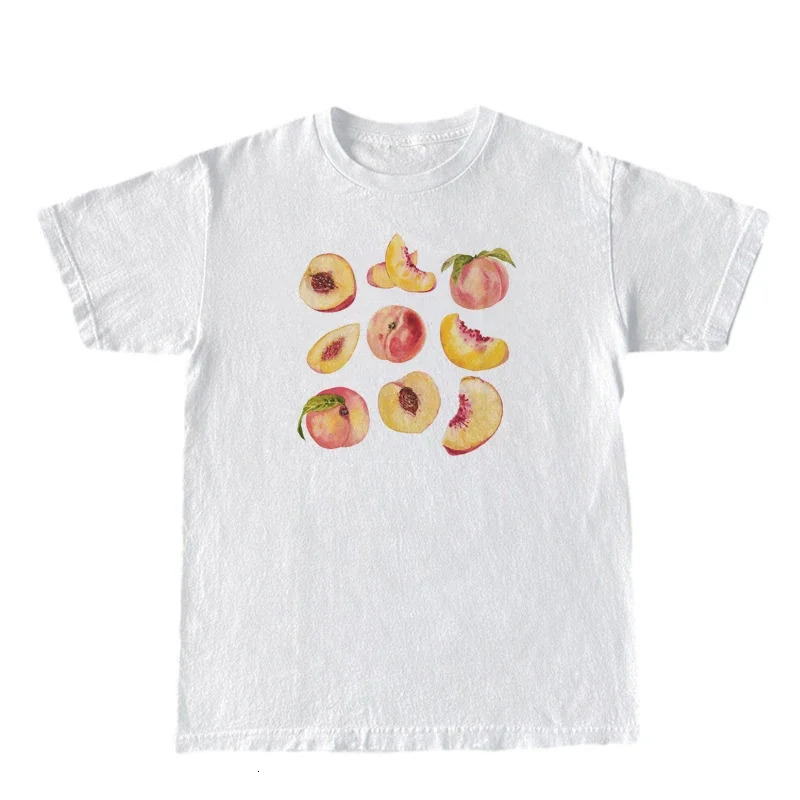 Women's T-Shirt Vintage Peaches Printed Graphic Tees Women Cute Cottagecore Aesthetic T-Shirts Short Sleeve Female Retro Grunge Tops Clothes 2405