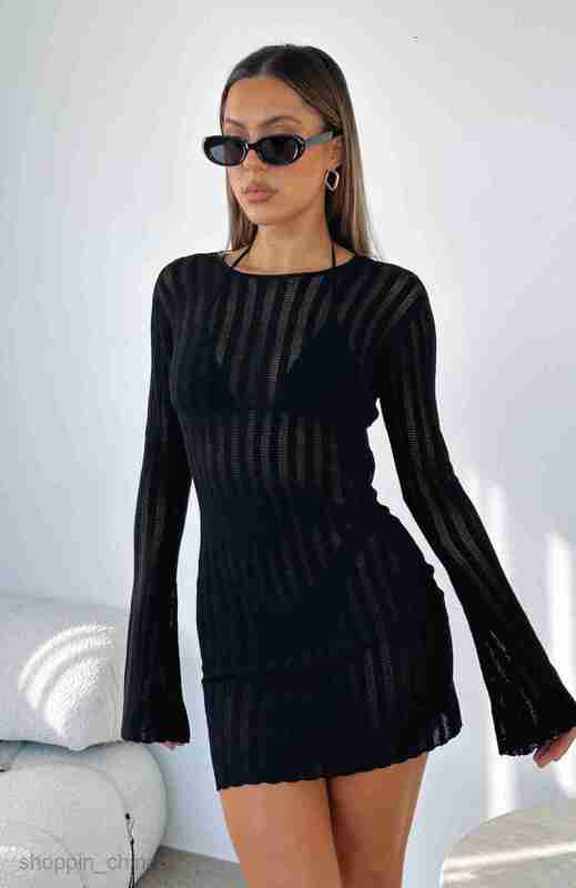 Basic Casual Women Dresses New sexy backless strap beach skirt long sleeved sun protection cover up skirt hollow out dress