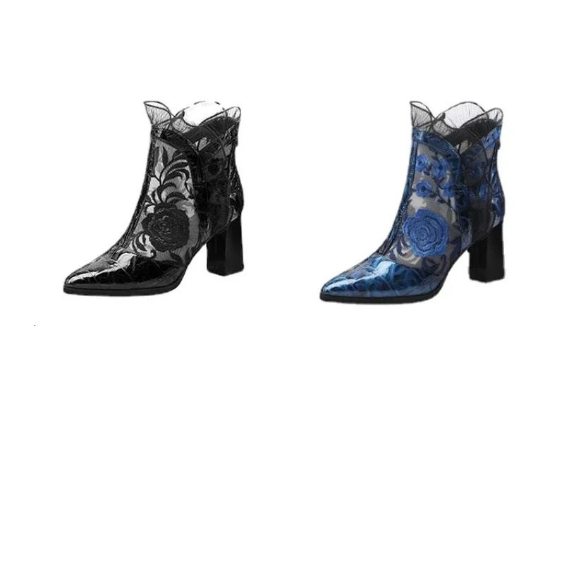 Ethnic Style Retro Lace High Heels Ankle Boots Women Autumn Embroider Pointed Toe Platform Short Boot Thick Heeled Pumps Zapatos 240617