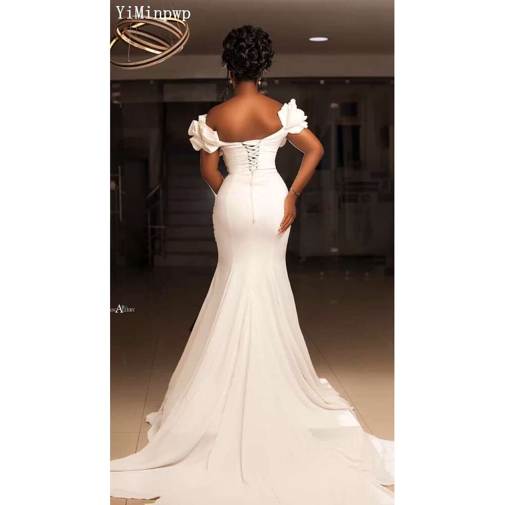 Elegant Mermaid Wedding Dresses For Bride Off Shoulder Corset Back Sweep Train Pleats Beads Aso Ebi Garden Country Bridal Gowns 0228Lz