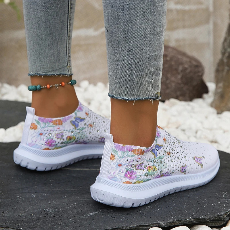 Womens Soft Print Apartment Autumn Breathable Knitted Platform Sports Shoes Womens Flower Casual Shoes Plus Size 43 240615