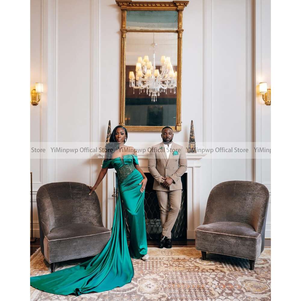 Green African Prom Dresses For Black Girls Off Shoulder With Overskirt Beading Pleats Formal Evening Party Gowns Robes De Soriee Mal