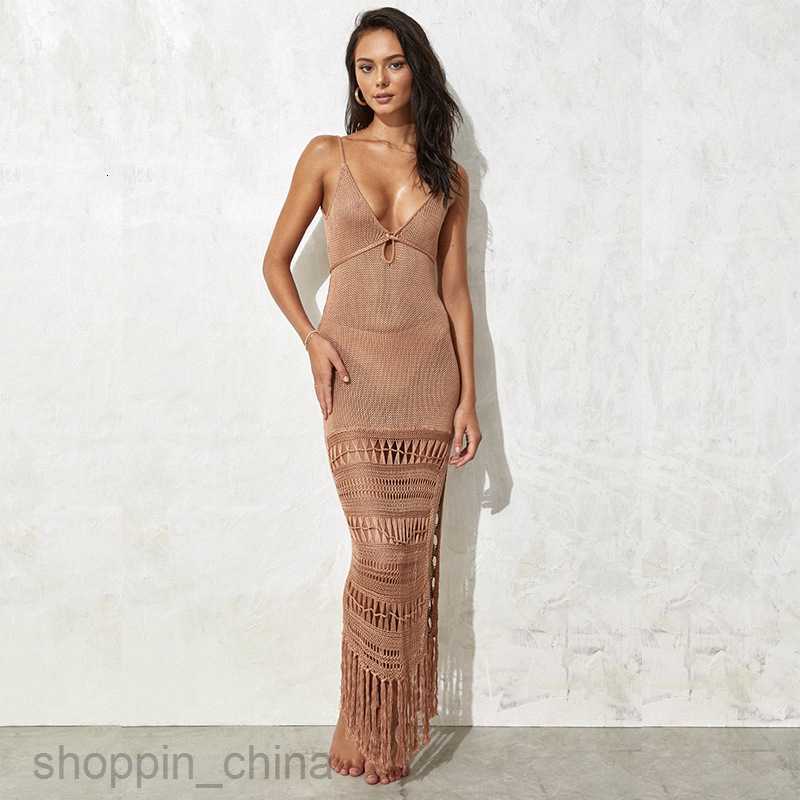 Basic Casual Women Dresses Summer New Beach Skirt Women's Solid Color Sling Knitted Hollow Waist Fringe Mid length Skirt Swimwear Cover Up