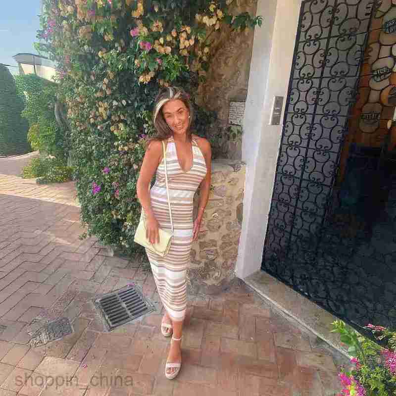 Basic Casual Women Dresses Slim Sleeveless Hanging Neck Open Back Striped Knitted Dress Casual Waist Wrapped Beach Bohemian Long Dress for Women