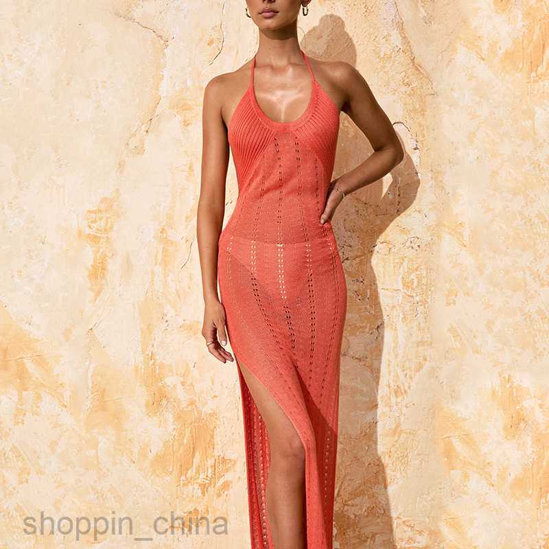 Basic Casual Women Dresses New Vacation Beach Skirt Women's Sexy Hanging Neck Hanging Strap Split Knitted Dress Bikini Cover up Skirt Women