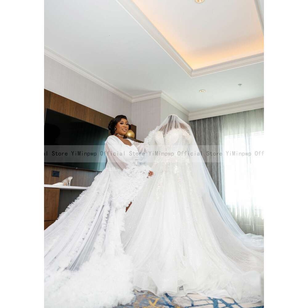 special Dresses for Bride 2024 Sheer Neck Lace up Back Mor Beading Sequins Pearls Plus Size Women African Bridal Gowns