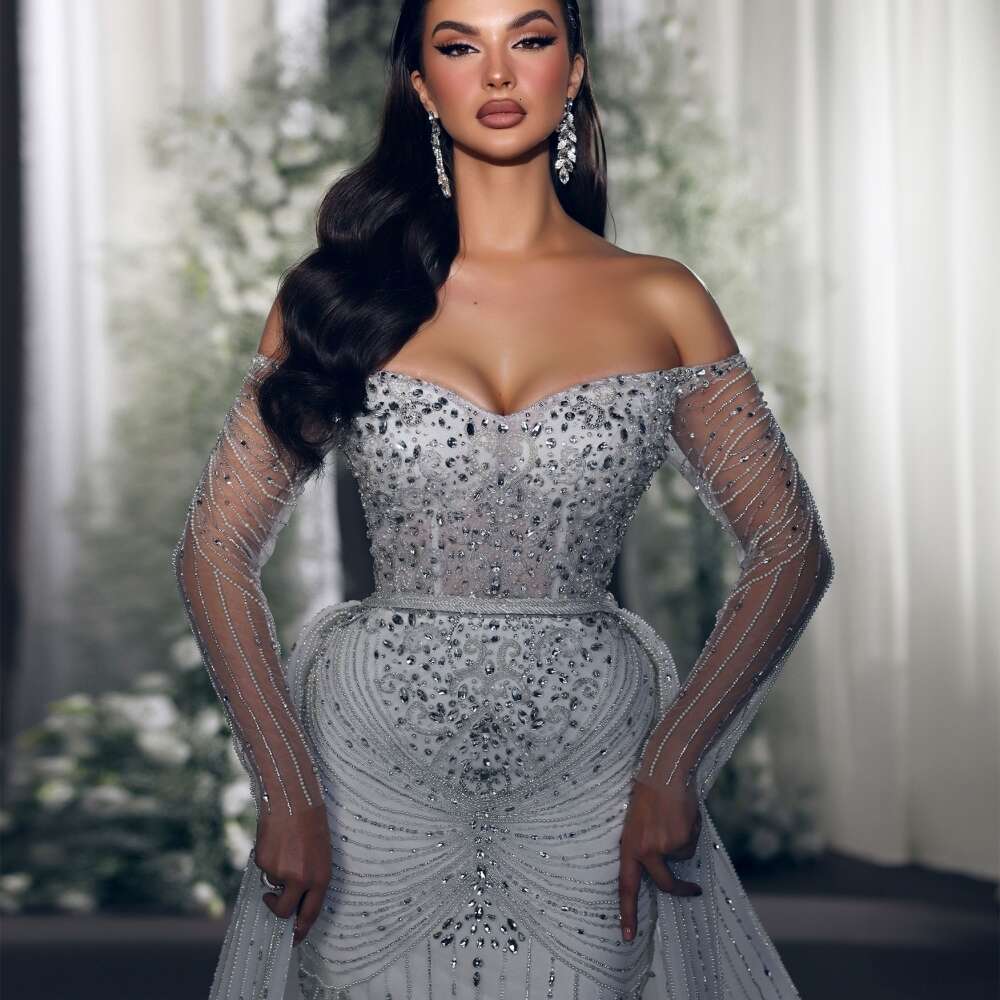 Graceful Off The Shoulder Bridal Dress Sparkly Sequins Beads Wedding Gown Mermaid Long Bride Robe Vestido De Novia