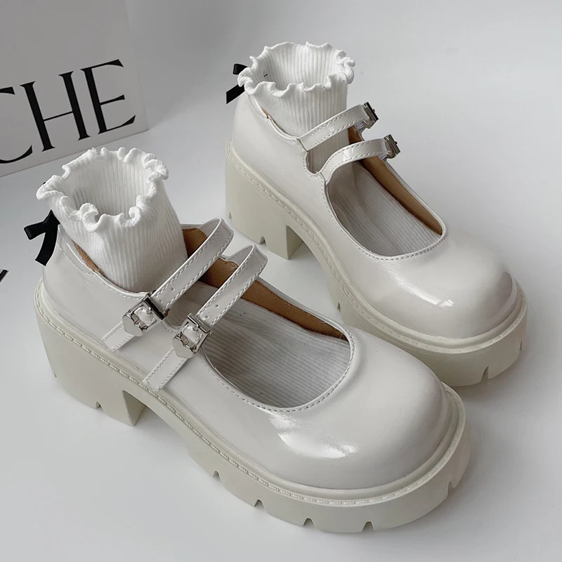 Rimocy Chunky Platform Mary Jane Shoes Women Heart Buckle Strap Thick Heels Pumps Woman Black Patent Leather Lolita Shoes Laides 240617