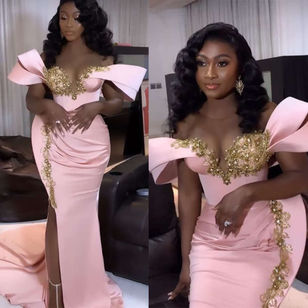 2023 New in Pink Mermaid Prom Dresses for Black Girl Sheer Neck Side Split Sweep Train Gold Appliques Women Formal Ocn Gown