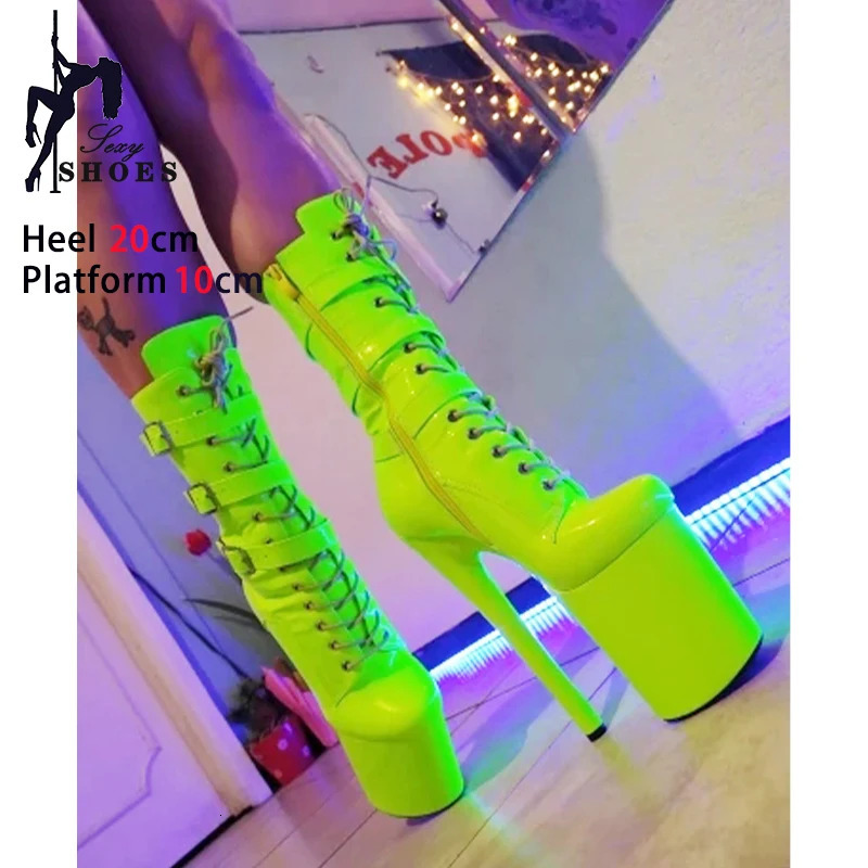 Fluorescent Green Fashion Womens ANKLE Boots Round Head Side Zipper Short Boots Round Head Dance Shoes Platform Heel Three Buckles 240615