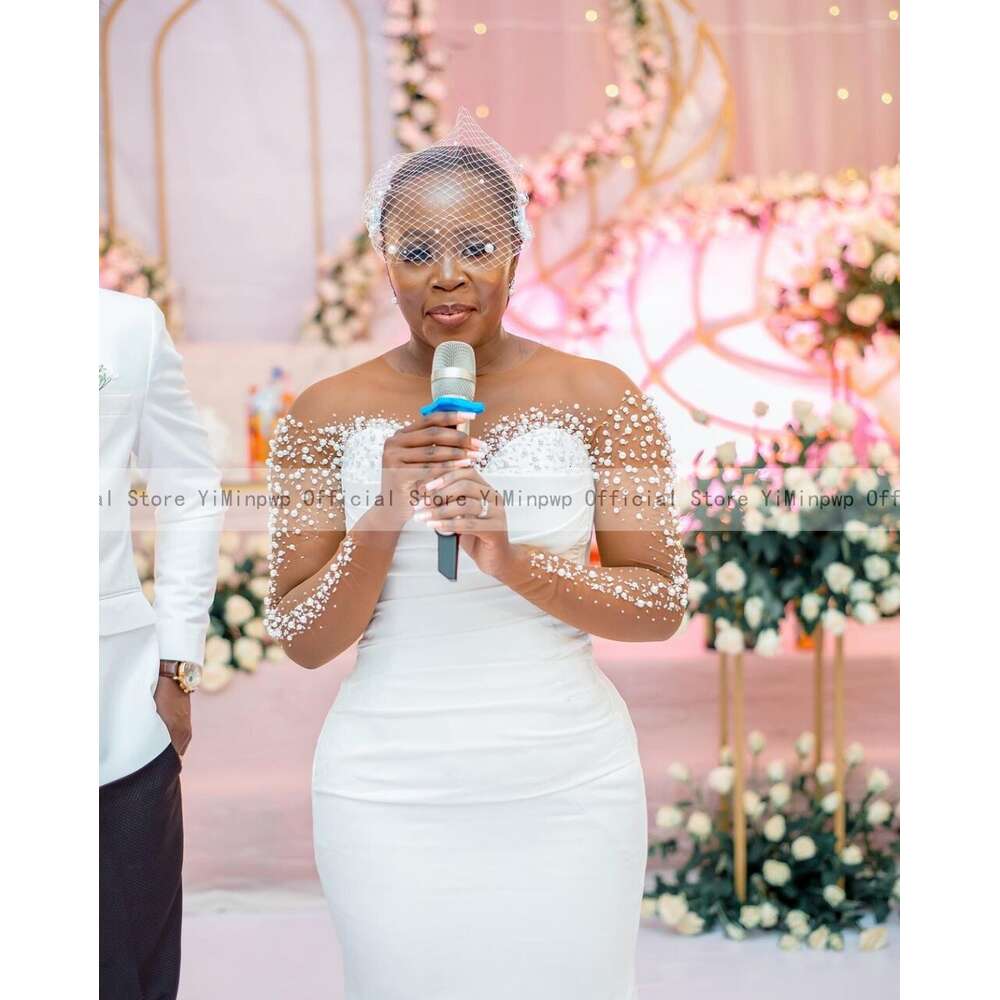 Shinny White Mermaid special Dresses with Detachable Train Sheer Neck Long Sleeves Pearls Beading Africa Bridal Gowns