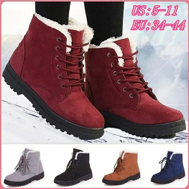 Womens Winter Boots Womens Snow Boots Lace Ankle Boots Womens Anti slip Plush Leather Shoes Keep Ankles Warm Botas Plus Size 35-43 240615