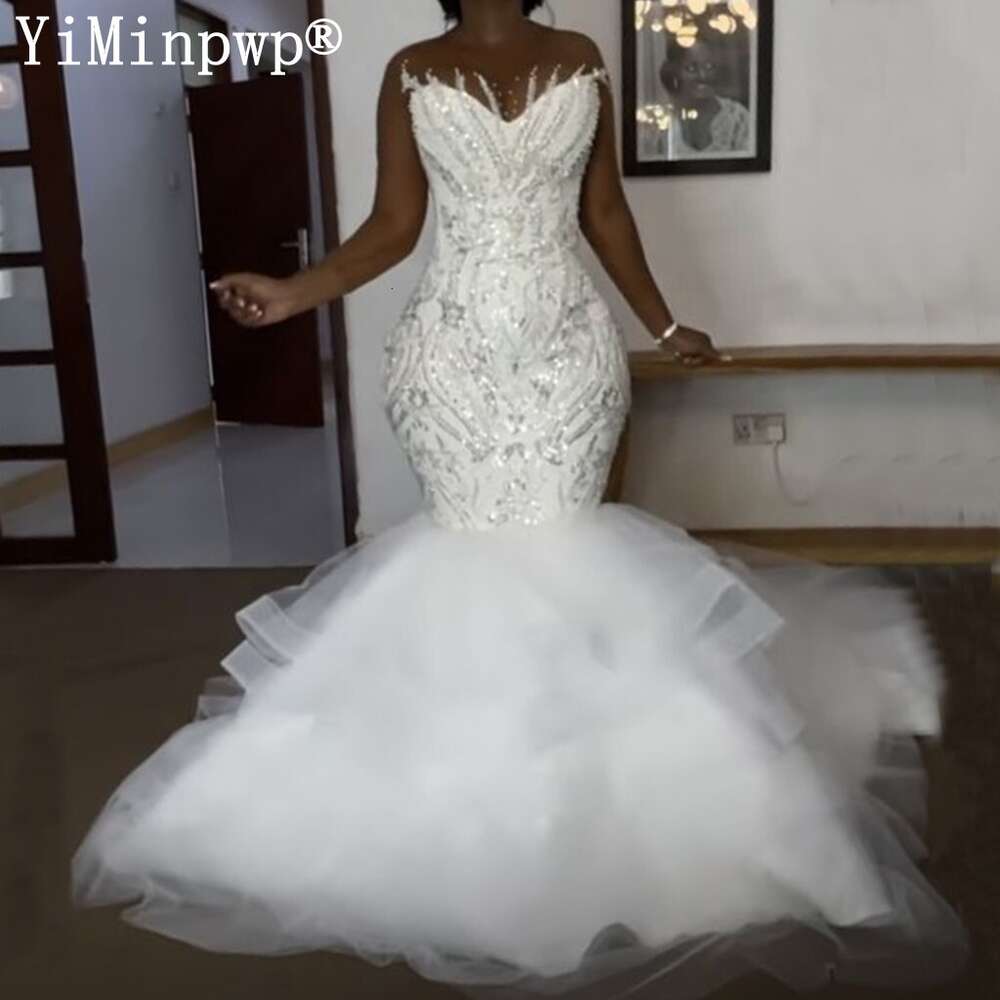 Africa White Mermaid Wedding Dresses for Black Bride Sheer Neck Long Sleeves Sweep Train Tulle Sequined Appliques Bridal Gowns