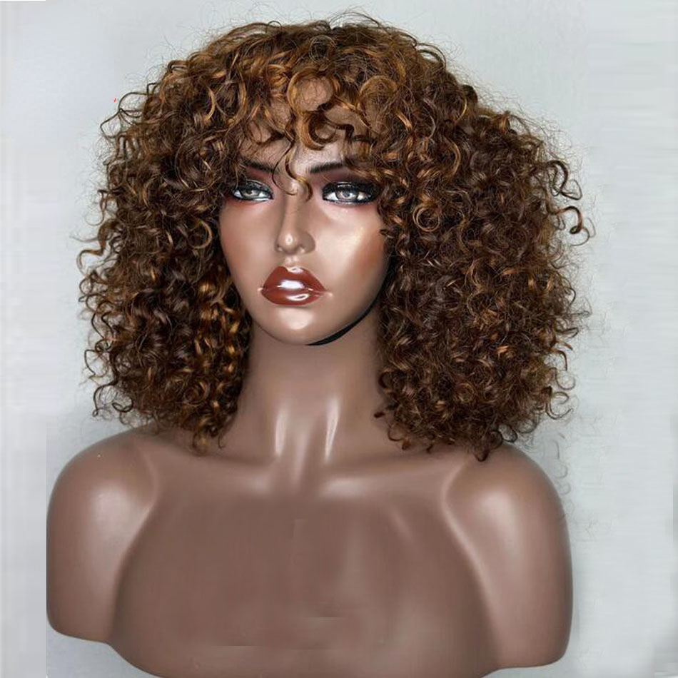 Free shipping 200density Mogolian Highlight blonde Color Short with Bangs for Black Women Kinky Curly Hair Wig Afro No Synthetic Full Lace Wigs Preplu