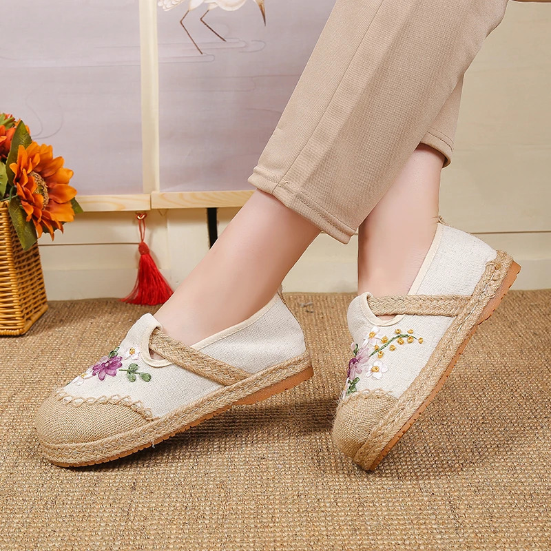 2024 Autumn Comfortable Canvas Casual Shoes Womens Embroidery Flowers Flats Womens Espadrille Shoes Womens 240615
