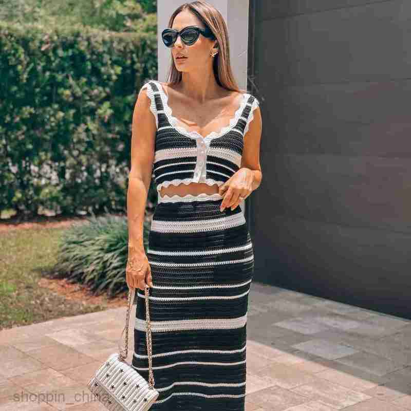 Two Piece Dress Sets Striped Casual Tank Top Beach Bohemian Style Contrast Color Long Skirt Knitted Set for Women