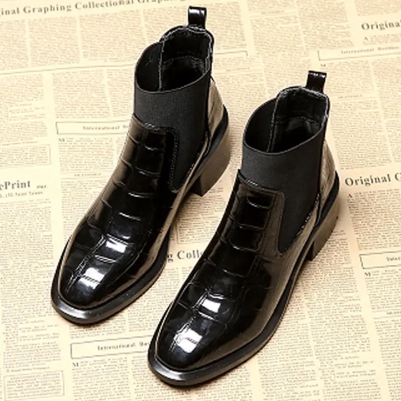 Women Round Toe Block Low Heel Black Slip On Patent Leather Ankle Boots Comfortable Non-slip Shoes 240617