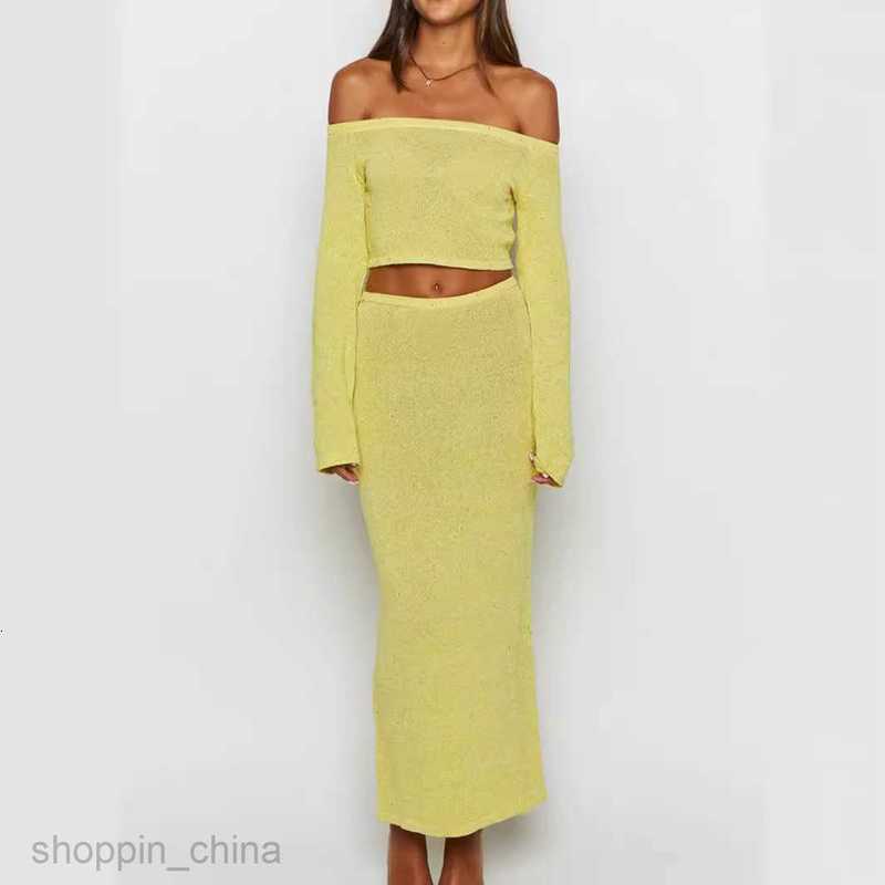 Two Piece Dress Sets Summer new beach swimsuit cover up set a straight neckline long sleeved top and half skirt two-piece set