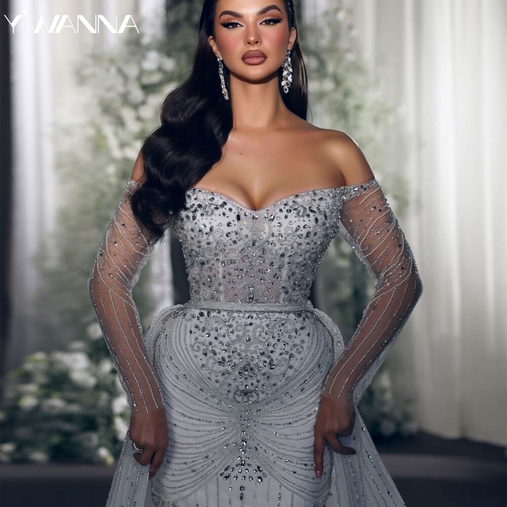 Graceful Off The Shoulder Bridal Dress Sparkly Sequins Beads special Gown Mermaid Long Bride Robe Vestido De Novia