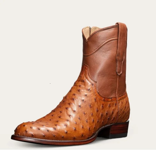 Mens Boots: Stylish Outdoor Mid hot Heel Pointed Toe Motorcycle Boots in Solid Color PU Leather