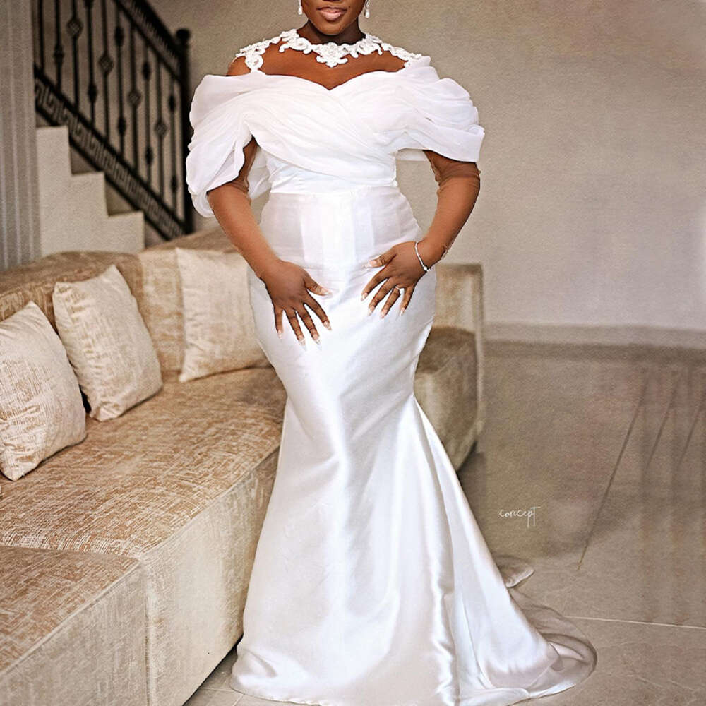 African Satin Mermaid Wedding Dresses for Bride O Neck Off Shoulder Lace up Closure Appliques Garden Beach Bridal Gowns Custom