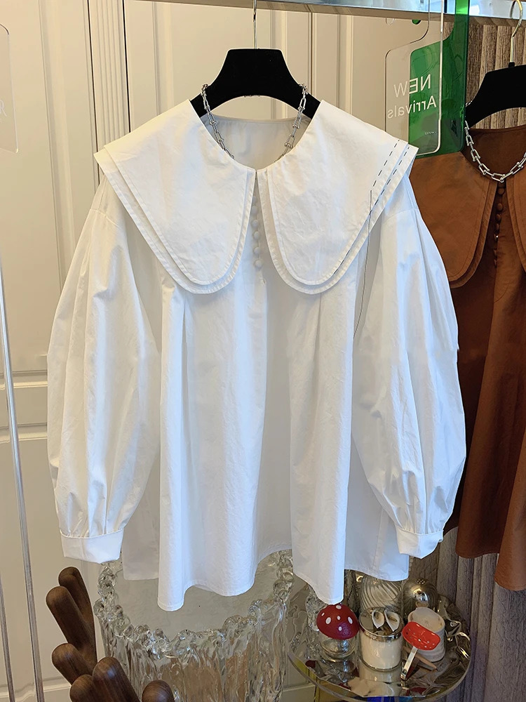 Spring and Autumn Retro Blouse Shirt Peter Pan Collar Lantern Sleeve Casual Top Female 240617