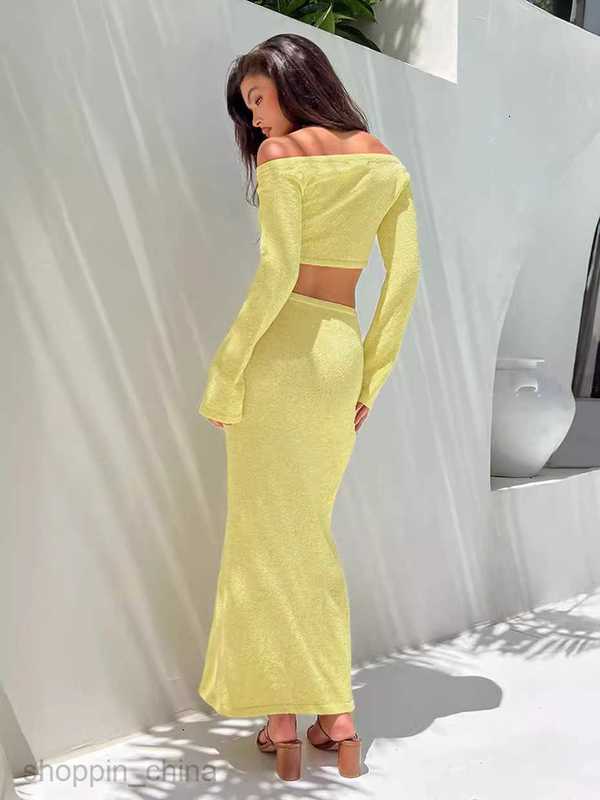 Two Piece Dress Sets Summer new beach swimsuit cover up set a straight neckline long sleeved top and half skirt two-piece set