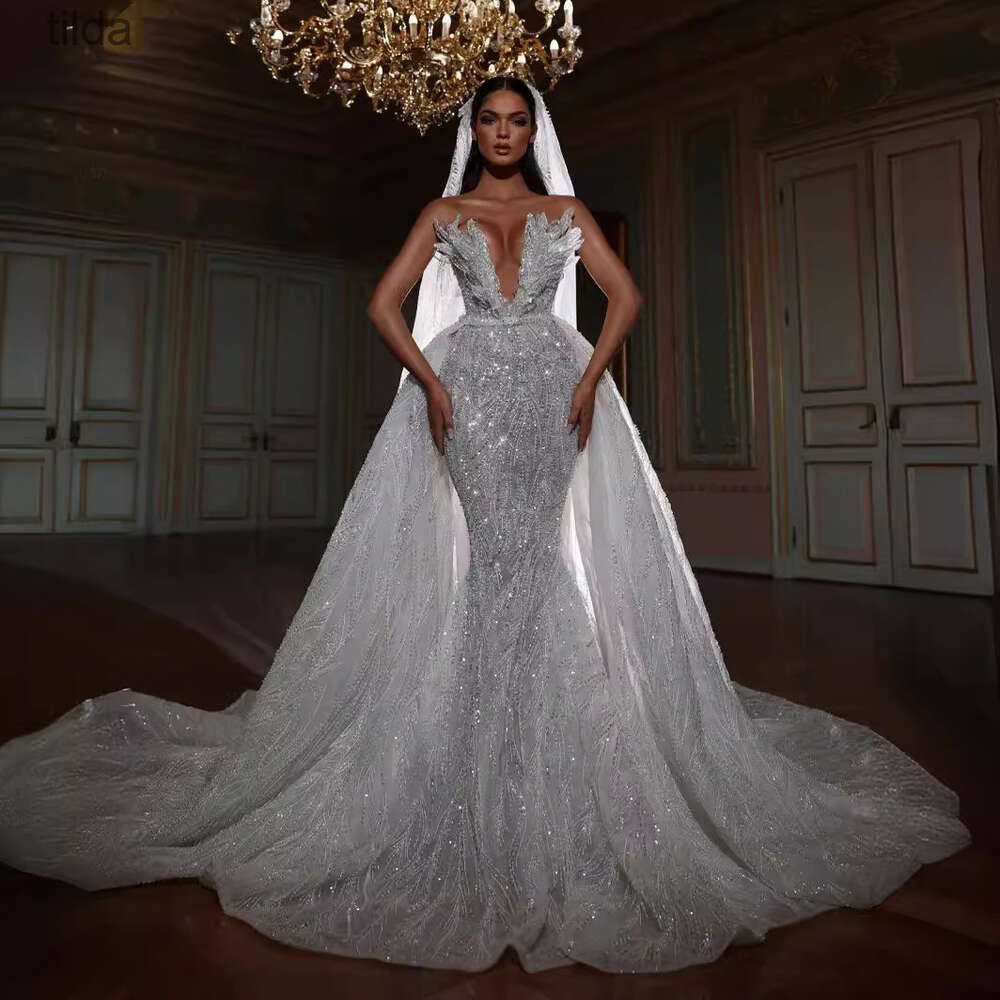Quality Bridal Top Mermaid Wedding Spring/Summer Sequin Fishtail V-Neck Sleeveless Long Style Elegant Banquet Dress