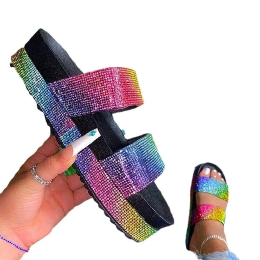 Large Size Thick Soled Rhinestones Straight Line Beach Fashionable Retro Casual European and American Slippers for Women