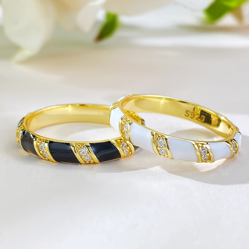 Exquisite Sterg Sier Moissanite Eternity Band: Vintage Wedding Ring, Gold Fill Enamel Stripe Jewelry