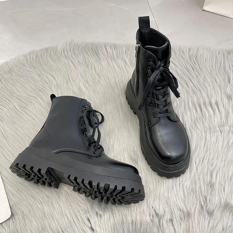 Footwear Combat Chunky Short Shoes for Women Work Booties Sneakers Female Ankle Boots Black Punk Style Leather White Platform Pu 240617