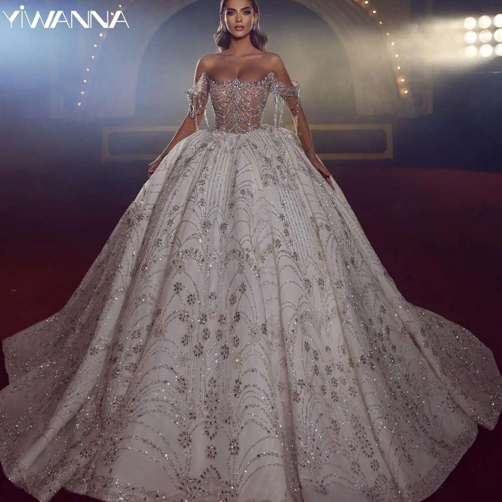 Graceful Off The Shoulder Bridal Dress Sparkly Sequins Beads special Crystal Ball Gown Bride Robe Vestido De Novia