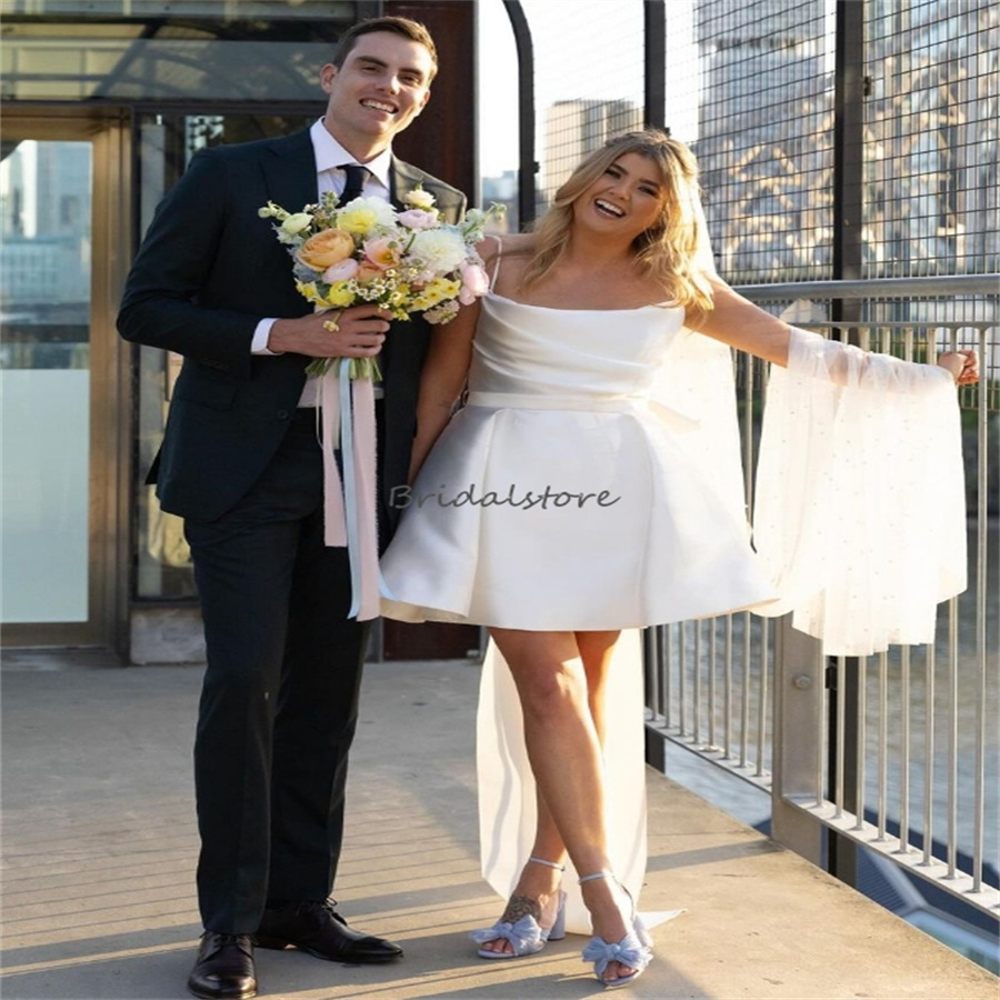 Plus Size Short Wedding Dresses 2024 Sexy Strapless Satin Mini Beach Destination Bridal Dress With Big Bow Elegant Boho Bride Dress Vestio De Novia Ci